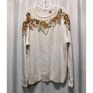 Worthington Women's Size L Cream Silk Wool Beaded Sequins Crew‎ Neck Sweater Vtg